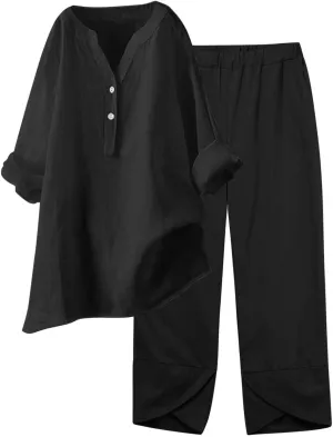 Womens Cotton Linen Lounge Sets 2 Piece Outfits Casual Matching Sets 3/4 Sleeve V Neck Tunic Tops and Pants Sets