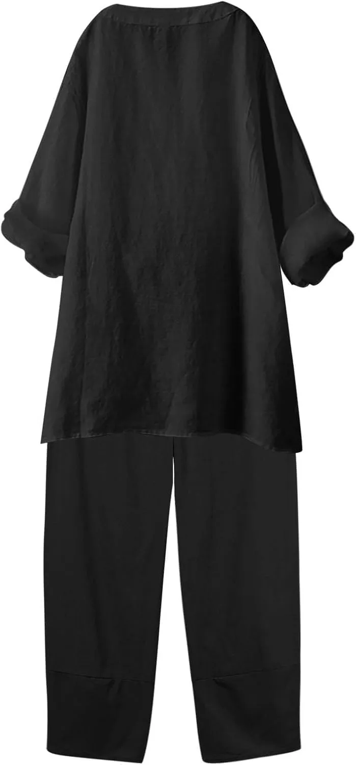 Womens Cotton Linen Lounge Sets 2 Piece Outfits Casual Matching Sets 3/4 Sleeve V Neck Tunic Tops and Pants Sets