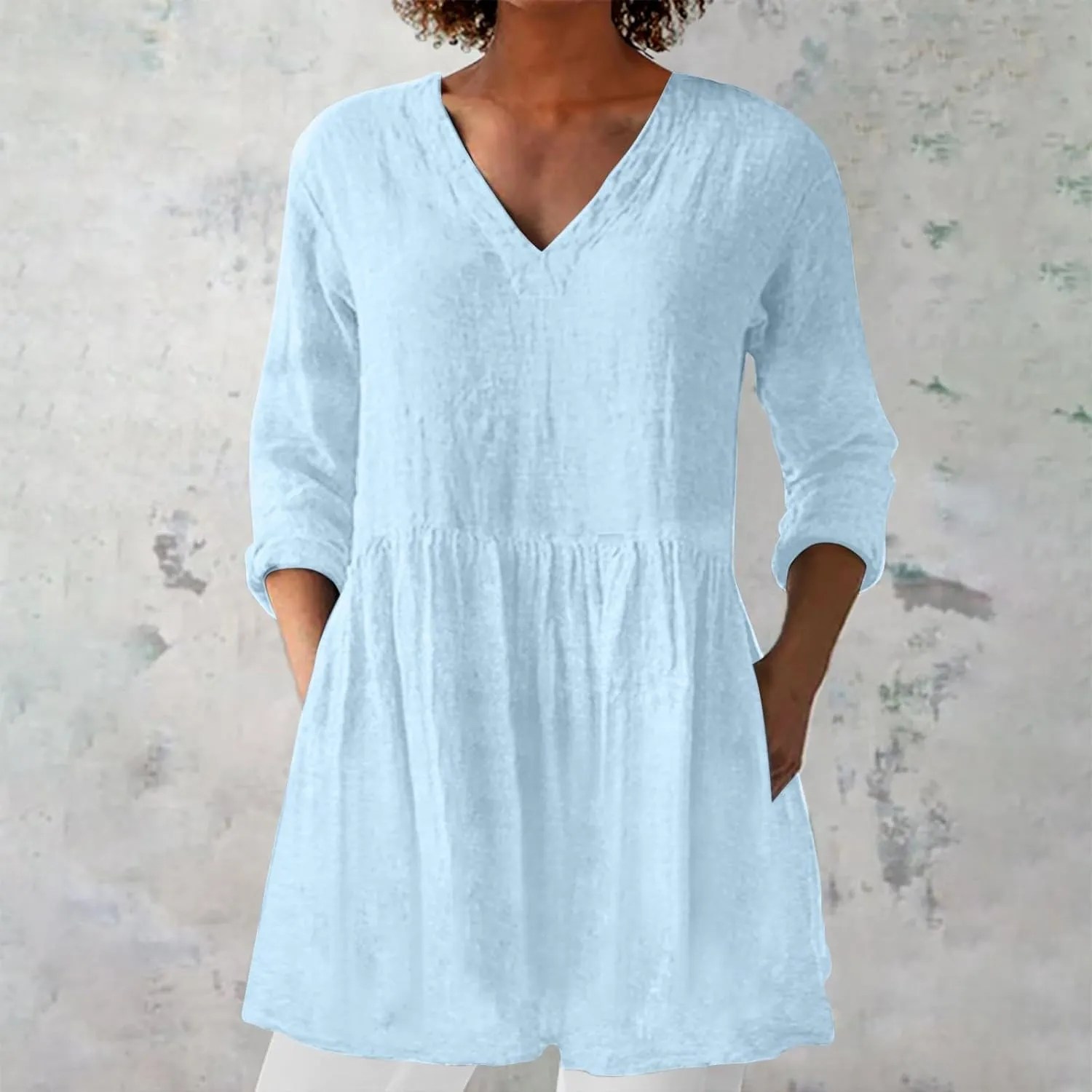 Womens Cotton Linen Peasant Blouses Long Sleeve V Neck Casual Loose Fit Tunic Tops for Leggings Flowy Babydoll Shirt