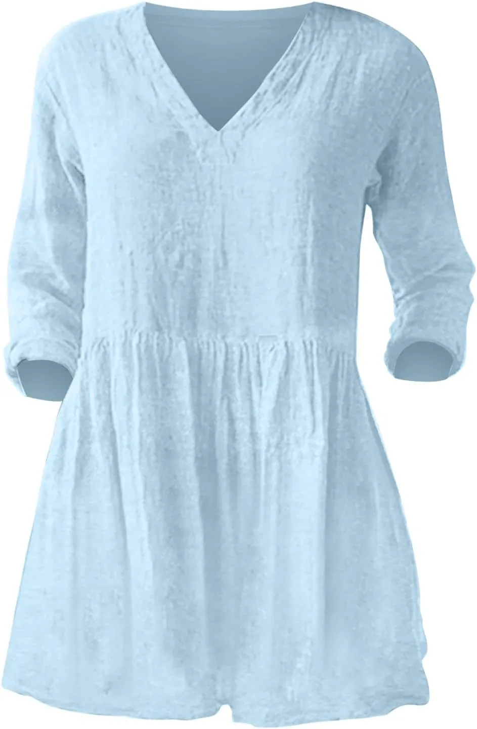 Womens Cotton Linen Peasant Blouses Long Sleeve V Neck Casual Loose Fit Tunic Tops for Leggings Flowy Babydoll Shirt