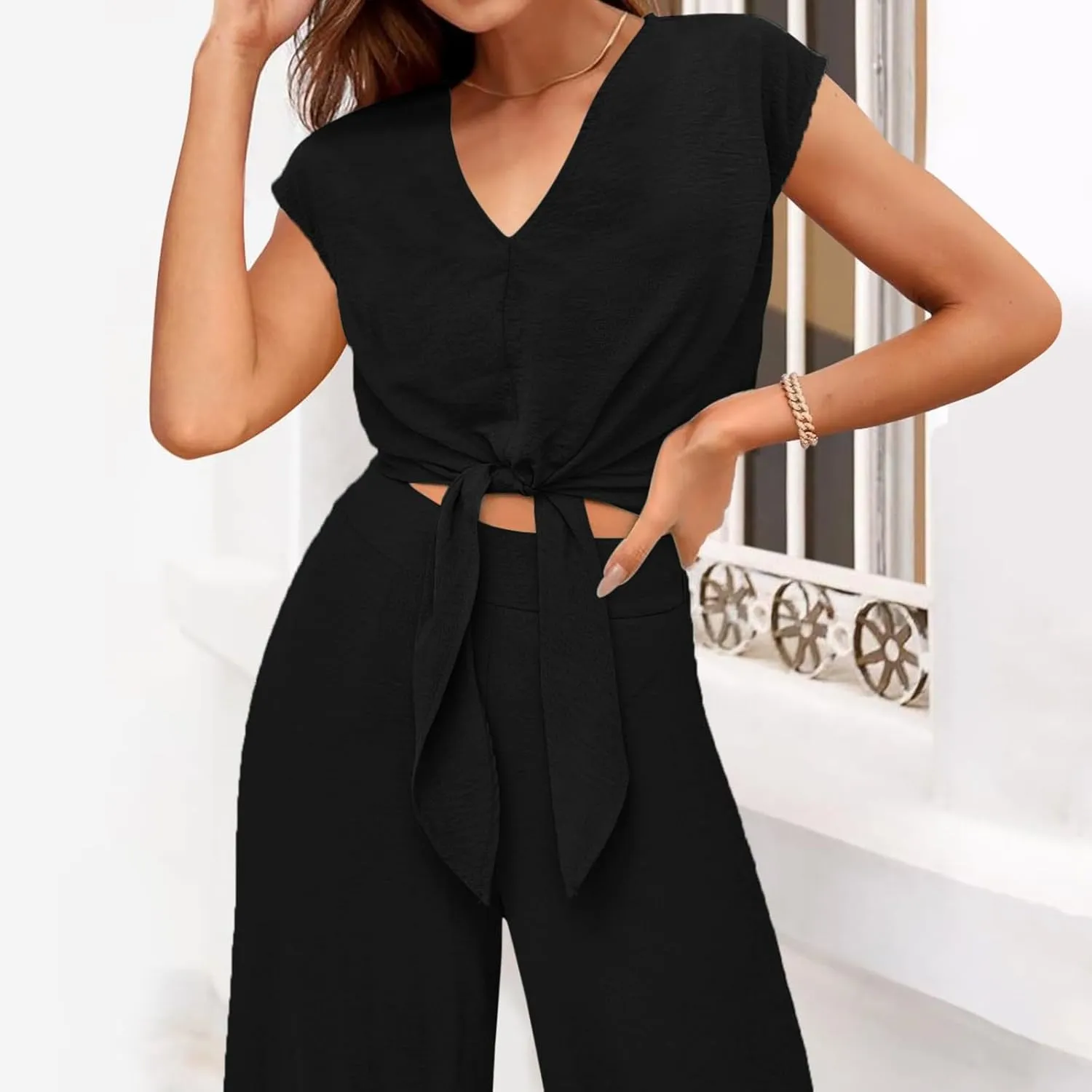 Womens Cotton Linen Sets 2 Piece Tracksuit Tops Wide Leg Pant Sets Casual 2024 Summer Clothes Beach Vacation Set