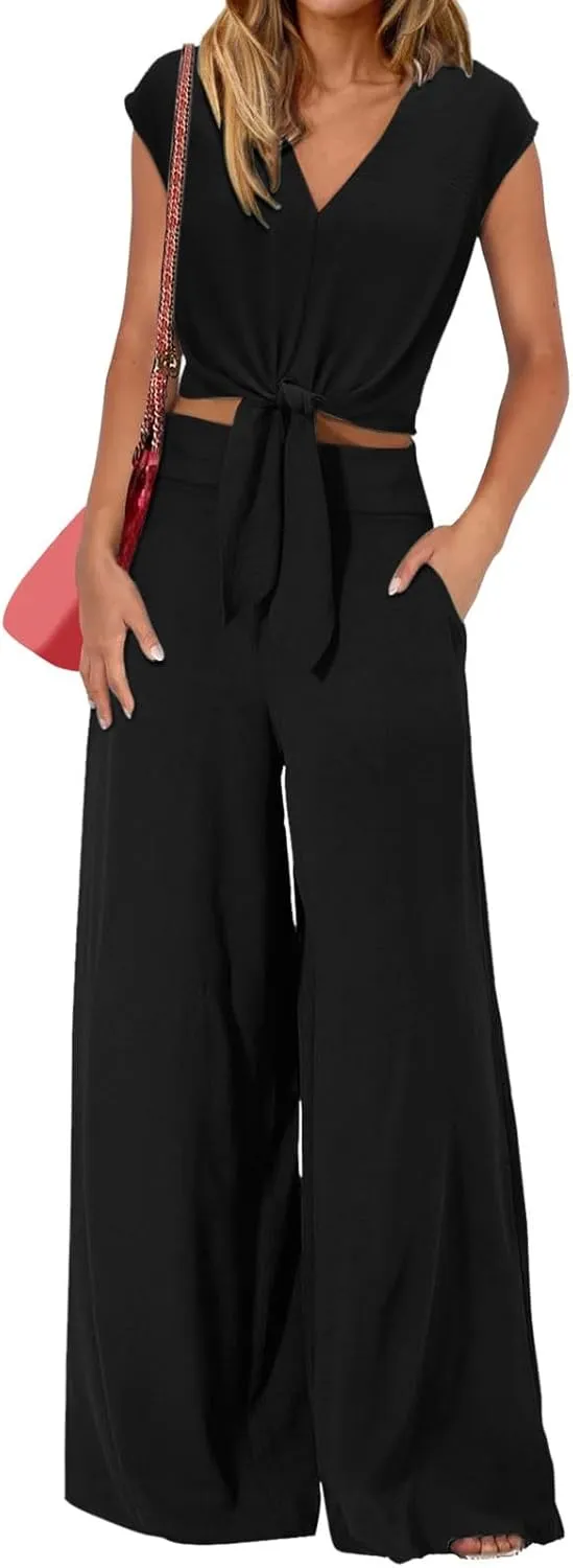 Womens Cotton Linen Sets 2 Piece Tracksuit Tops Wide Leg Pant Sets Casual 2024 Summer Clothes Beach Vacation Set