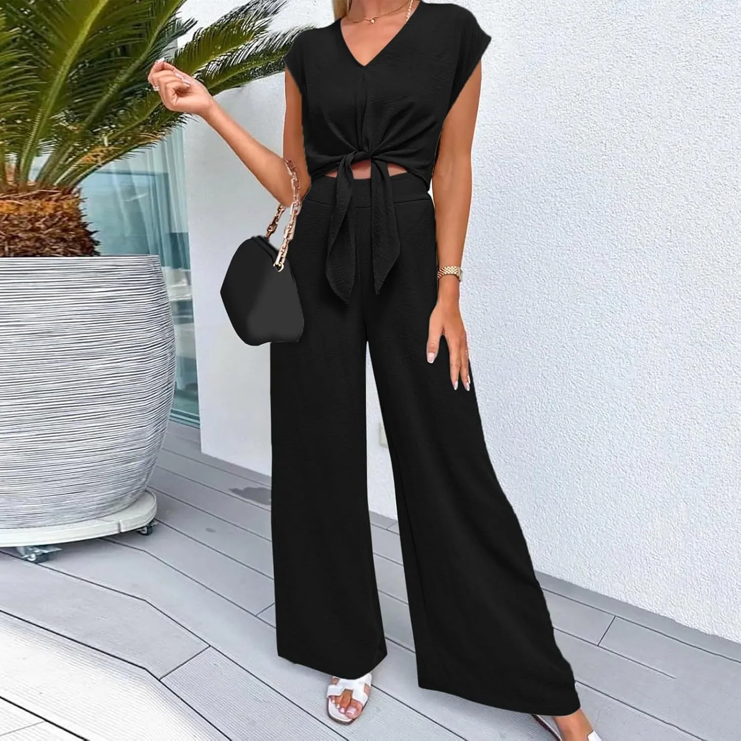 Womens Cotton Linen Sets 2 Piece Tracksuit Tops Wide Leg Pant Sets Casual 2024 Summer Clothes Beach Vacation Set