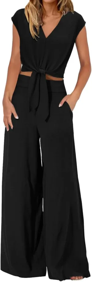 Womens Cotton Linen Sets 2 Piece Tracksuit Tops Wide Leg Pant Sets Casual 2024 Summer Clothes Beach Vacation Set