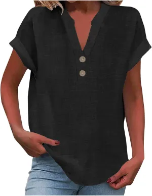 Womens Cotton Linen Shirts Summer Trendy Short Sleeve V-Neck Blouses Tops Button Down Gauze Tees Casual Clothes 2025