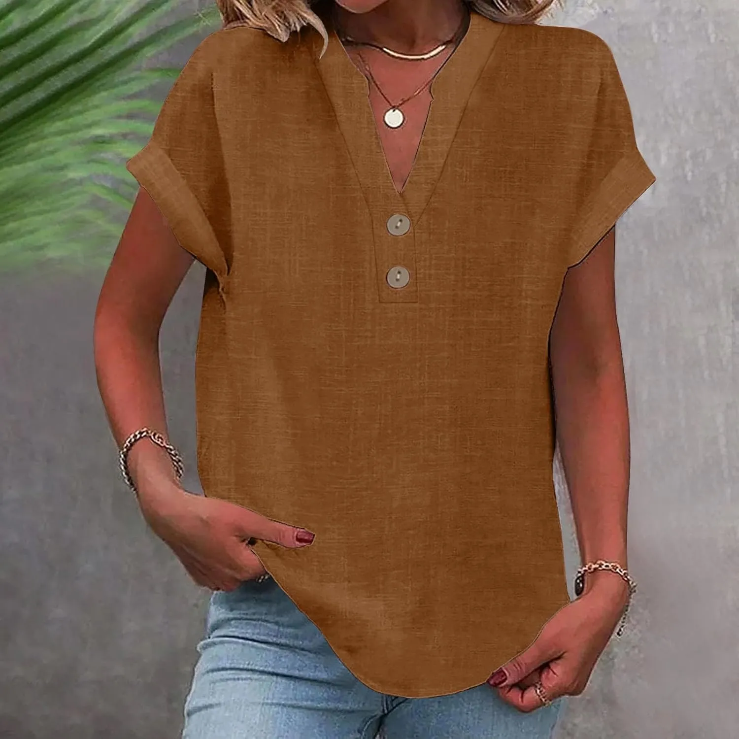 Womens Cotton Linen Shirts Summer Trendy Short Sleeve V-Neck Blouses Tops Button Down Gauze Tees Casual Clothes 2025