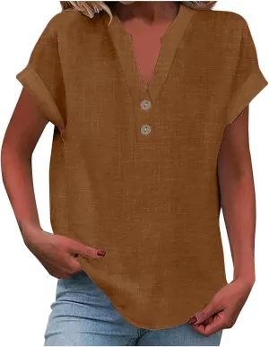 Womens Cotton Linen Shirts Summer Trendy Short Sleeve V-Neck Blouses Tops Button Down Gauze Tees Casual Clothes 2025
