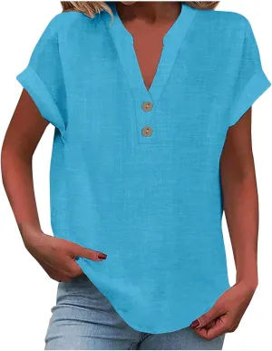 Womens Cotton Linen Shirts Summer Trendy Short Sleeve V-Neck Blouses Tops Button Down Gauze Tees Casual Clothes 2025