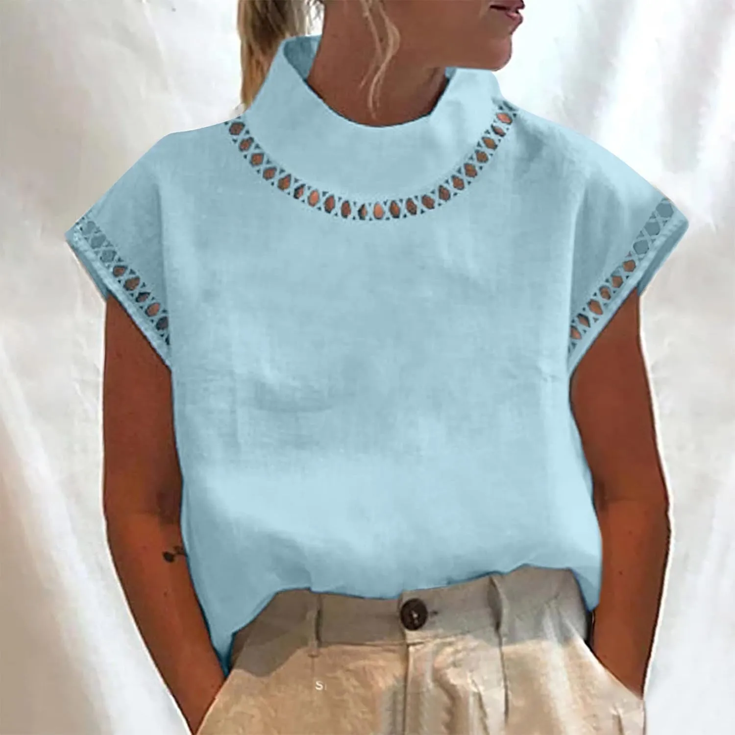 Womens Cotton Linen Tops Temperament Flying Sleeve Shirts High Round Neck Basic Summer Loose Fit Blouse Tees T-Shirt