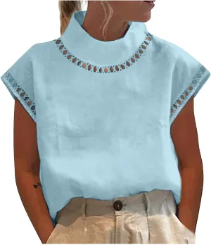 Womens Cotton Linen Tops Temperament Flying Sleeve Shirts High Round Neck Basic Summer Loose Fit Blouse Tees T-Shirt