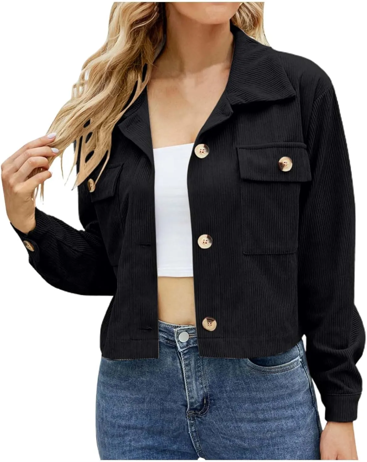 Womens Cropped Button Up Hoodies Sweatshirt Solid Color Lapel Long Sleeve Lightweight Jacket Winter Outfits Clothes