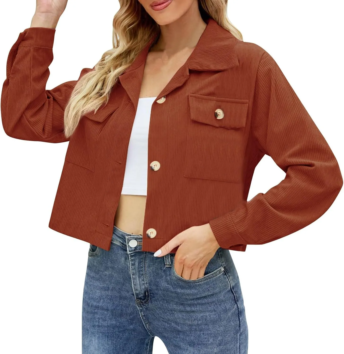 Womens Cropped Button Up Hoodies Sweatshirt Solid Color Lapel Long Sleeve Lightweight Jacket Winter Outfits Clothes