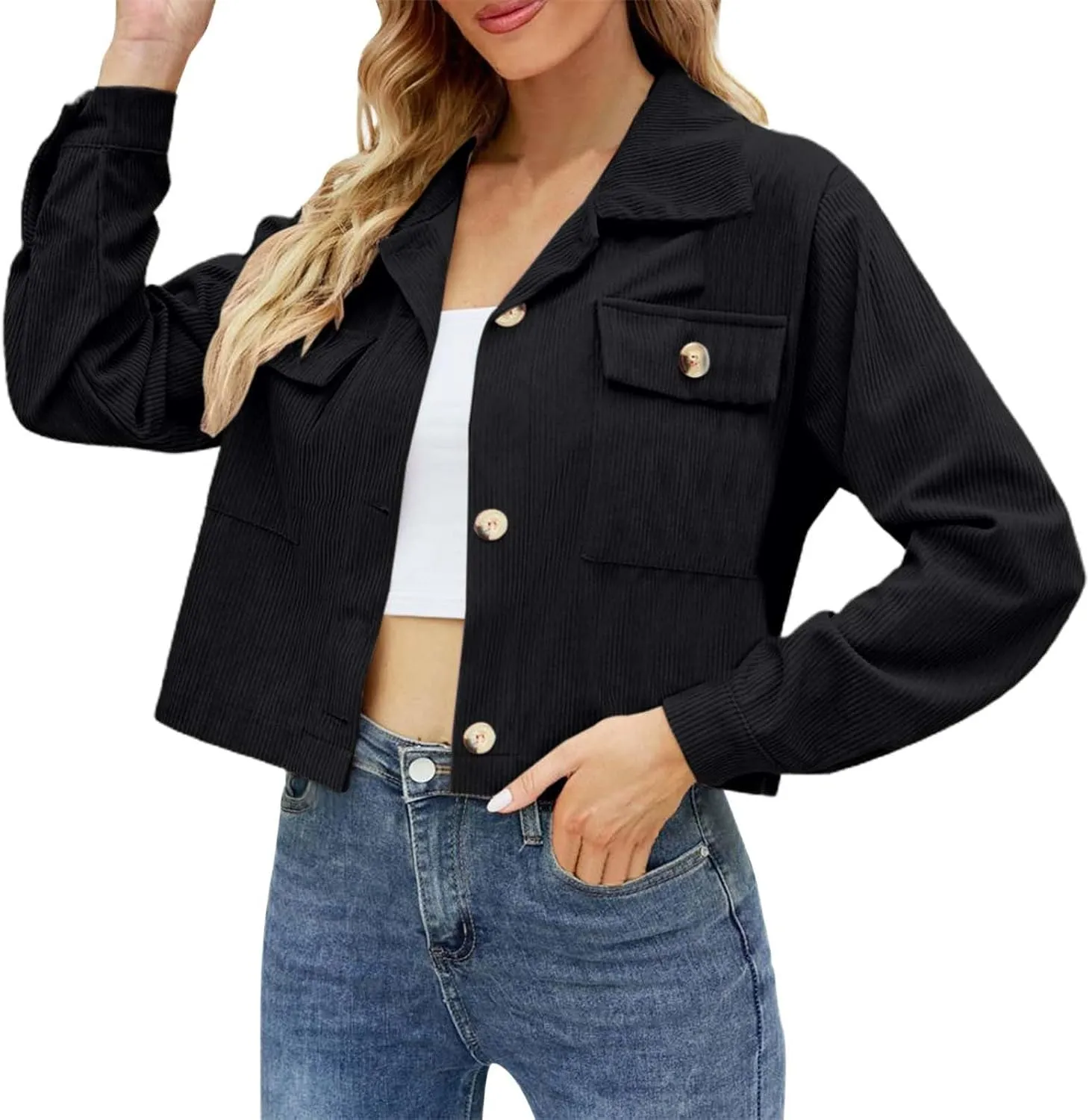 Womens Cropped Button Up Hoodies Sweatshirt Solid Color Lapel Long Sleeve Lightweight Jacket Winter Outfits Clothes