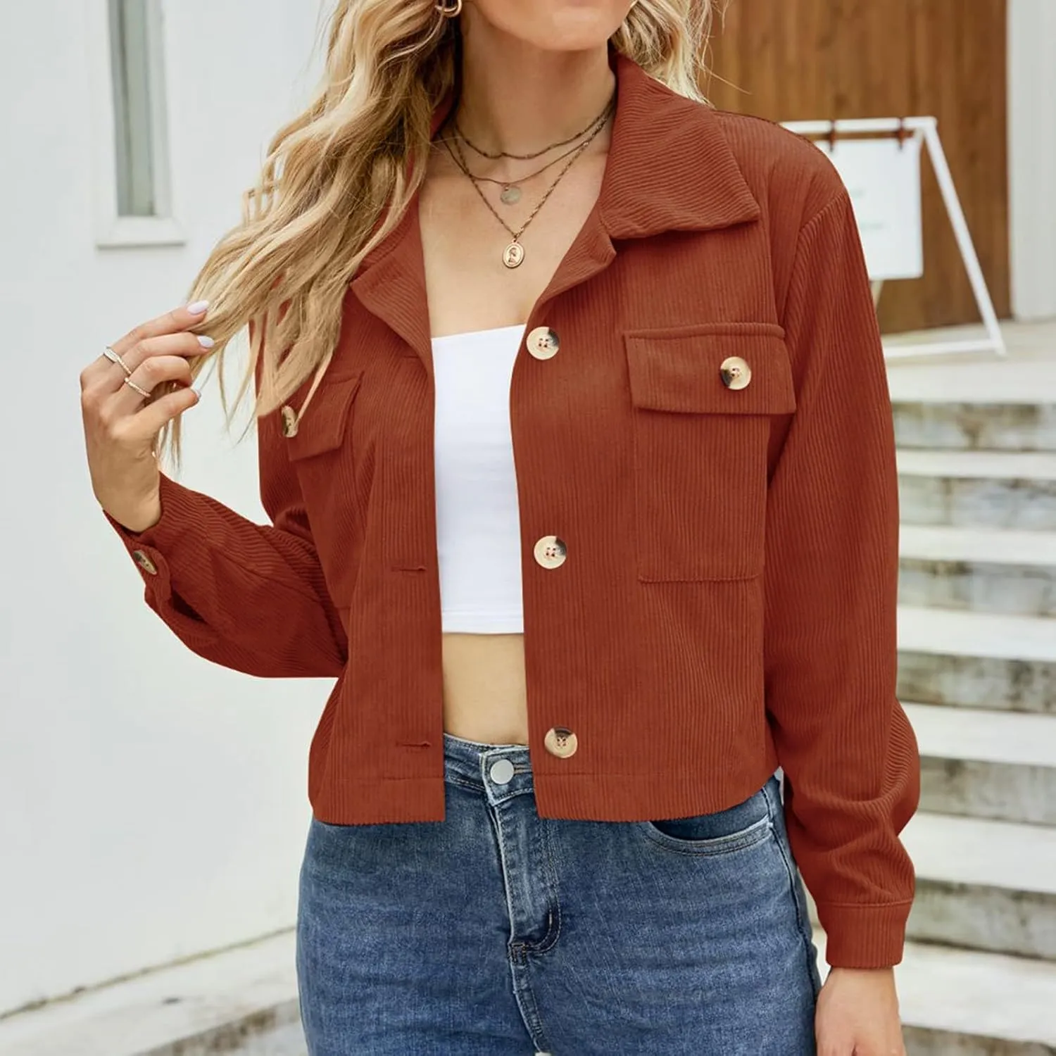 Womens Cropped Button Up Hoodies Sweatshirt Solid Color Lapel Long Sleeve Lightweight Jacket Winter Outfits Clothes