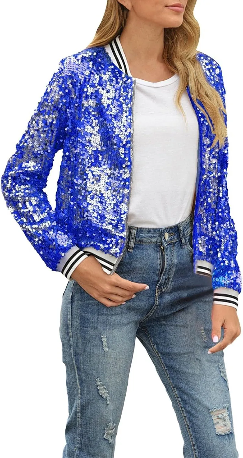 Women's Cropped Zip Up Bomber Jacket Sparkly Casual Crewneck Long Sleeve Coats Glitter Party Outwear Winter Clothes