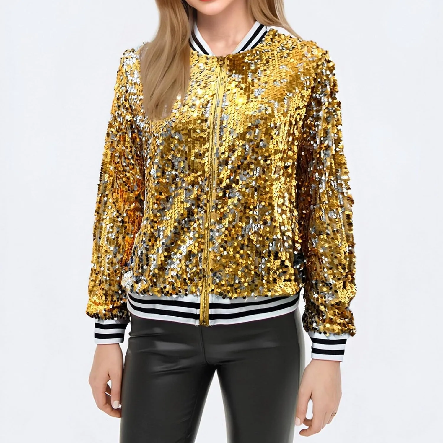 Women's Cropped Zip Up Bomber Jacket Sparkly Casual Crewneck Long Sleeve Coats Glitter Party Outwear Winter Clothes