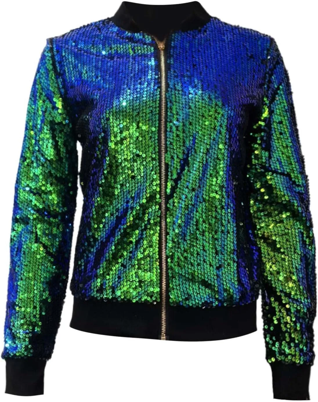 Women's Cropped Zip Up Bomber Jacket Sparkly Casual Crewneck Long Sleeve Coats Glitter Party Outwear Winter Clothes