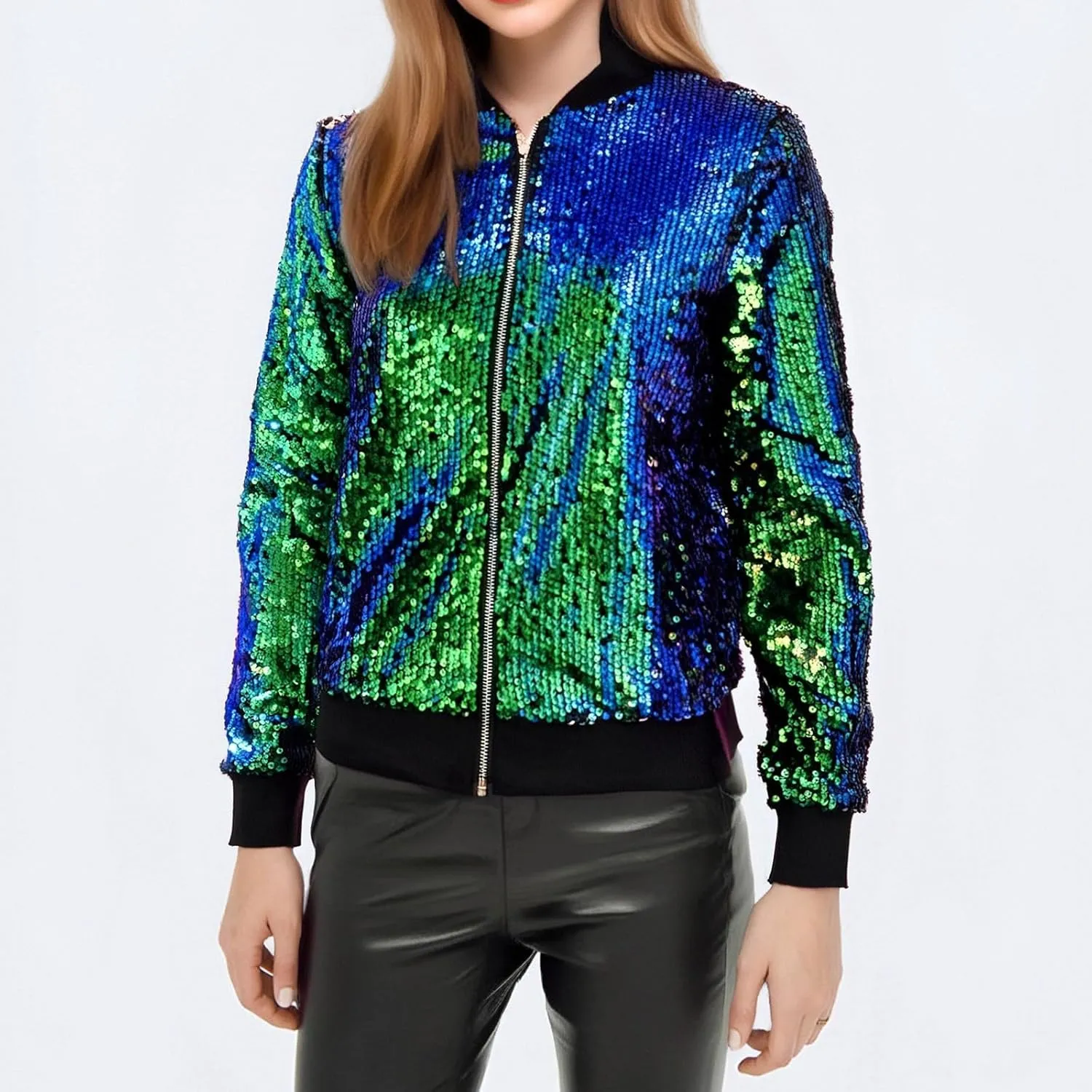 Women's Cropped Zip Up Bomber Jacket Sparkly Casual Crewneck Long Sleeve Coats Glitter Party Outwear Winter Clothes