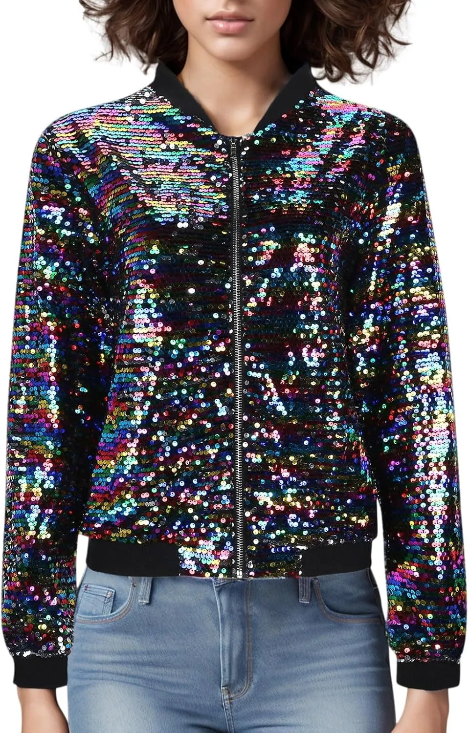 Women's Cropped Zip Up Bomber Jacket Sparkly Casual Crewneck Long Sleeve Coats Glitter Party Outwear Winter Clothes