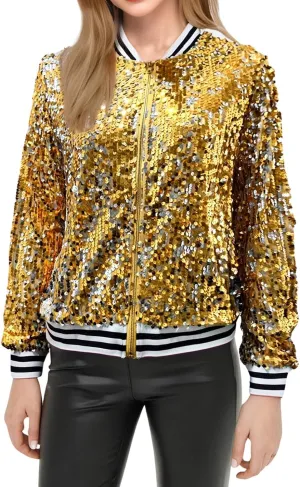 Women's Cropped Zip Up Bomber Jacket Sparkly Casual Crewneck Long Sleeve Coats Glitter Party Outwear Winter Clothes