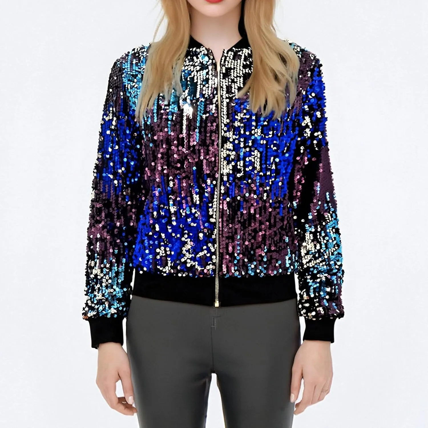 Women's Cropped Zip Up Bomber Jacket Sparkly Casual Crewneck Long Sleeve Coats Glitter Party Outwear Winter Clothes