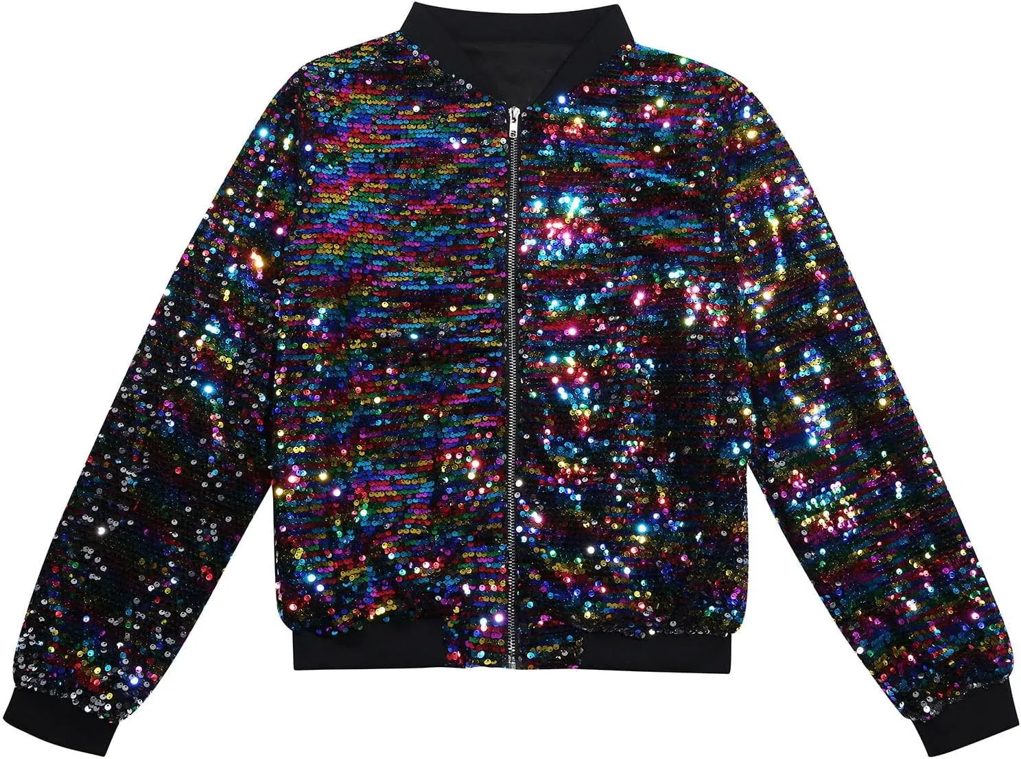 Women's Cropped Zip Up Bomber Jacket Sparkly Casual Crewneck Long Sleeve Coats Glitter Party Outwear Winter Clothes