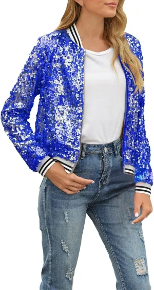 Women's Cropped Zip Up Bomber Jacket Sparkly Casual Crewneck Long Sleeve Coats Glitter Party Outwear Winter Clothes