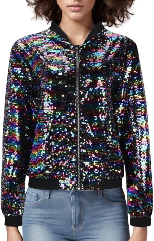 Women's Cropped Zip Up Bomber Jacket Sparkly Casual Crewneck Long Sleeve Coats Glitter Party Outwear Winter Clothes