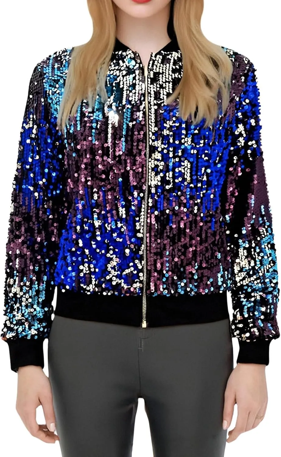 Women's Cropped Zip Up Bomber Jacket Sparkly Casual Crewneck Long Sleeve Coats Glitter Party Outwear Winter Clothes