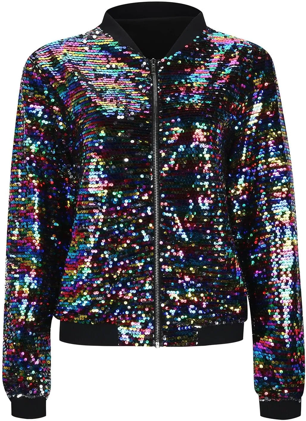 Women's Cropped Zip Up Bomber Jacket Sparkly Casual Crewneck Long Sleeve Coats Glitter Party Outwear Winter Clothes