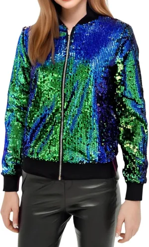 Women's Cropped Zip Up Bomber Jacket Sparkly Casual Crewneck Long Sleeve Coats Glitter Party Outwear Winter Clothes
