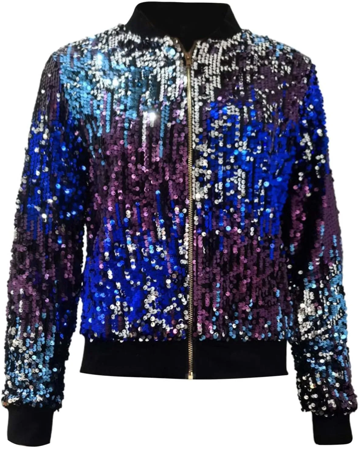 Women's Cropped Zip Up Bomber Jacket Sparkly Casual Crewneck Long Sleeve Coats Glitter Party Outwear Winter Clothes
