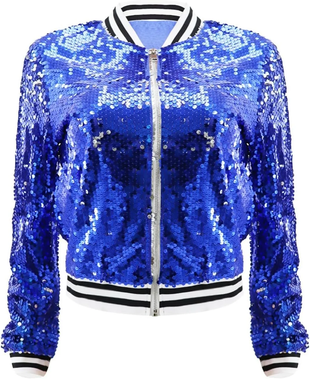 Women's Cropped Zip Up Bomber Jacket Sparkly Casual Crewneck Long Sleeve Coats Glitter Party Outwear Winter Clothes