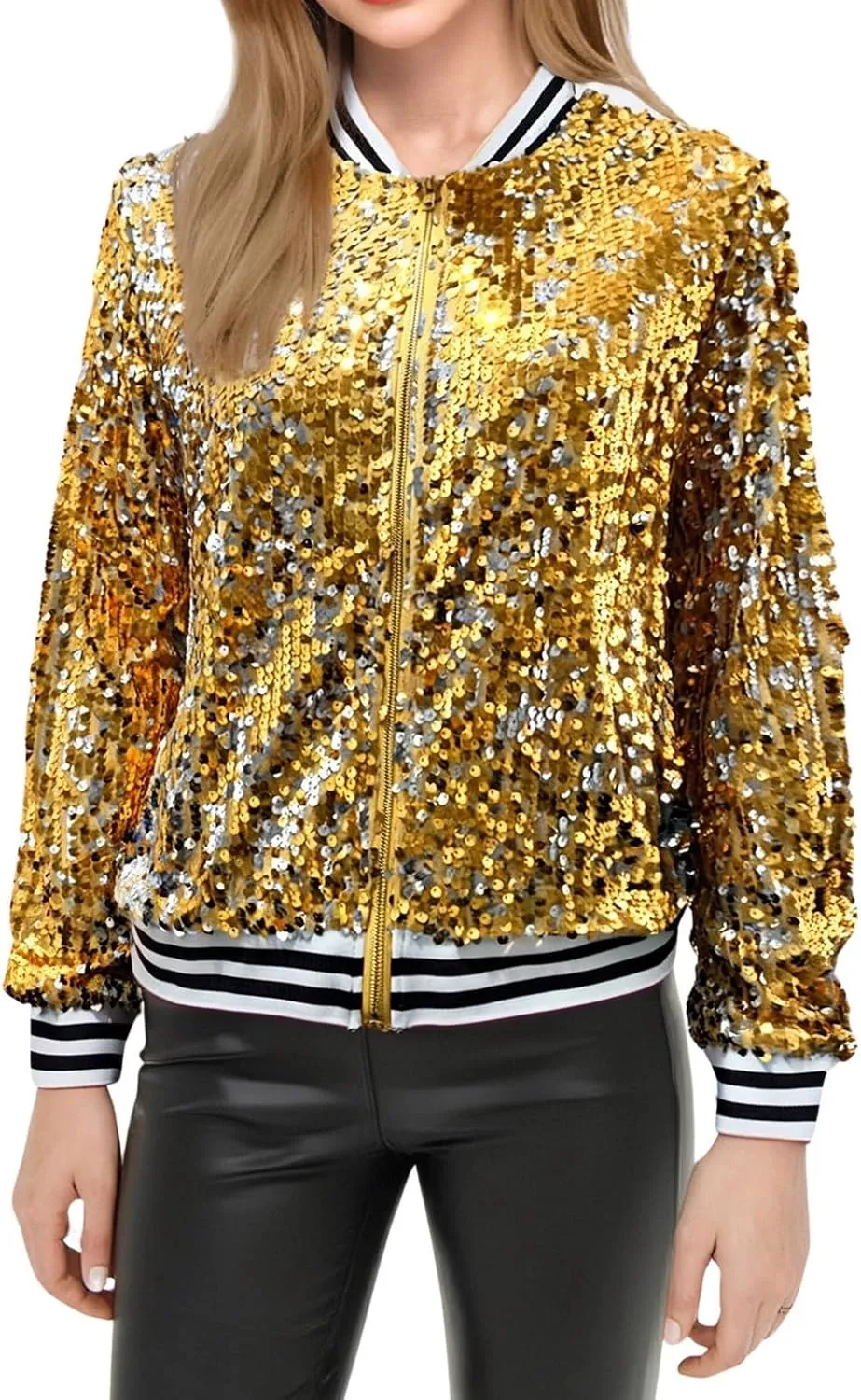 Women's Cropped Zip Up Bomber Jacket Sparkly Casual Crewneck Long Sleeve Coats Glitter Party Outwear Winter Clothes