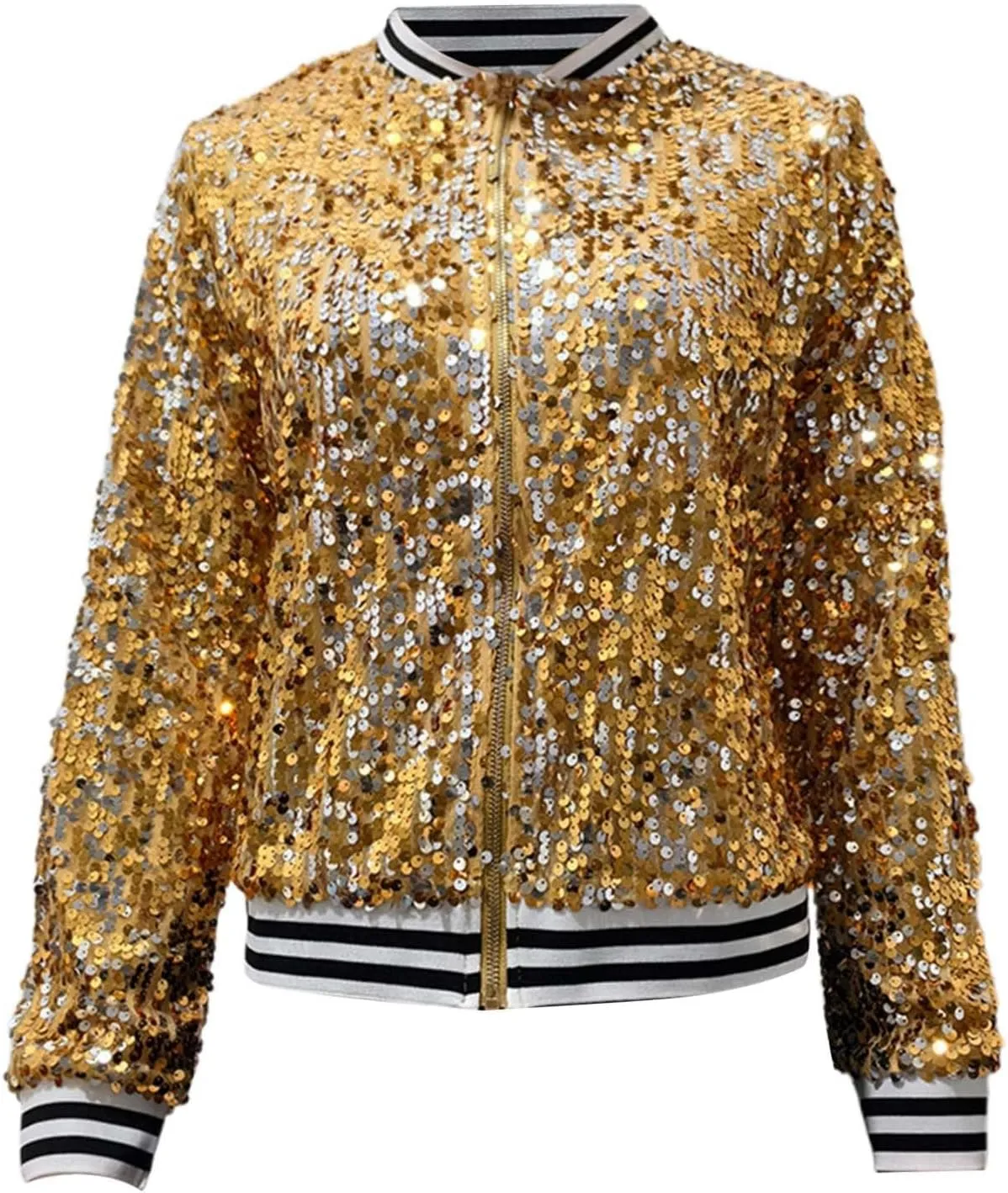Women's Cropped Zip Up Bomber Jacket Sparkly Casual Crewneck Long Sleeve Coats Glitter Party Outwear Winter Clothes