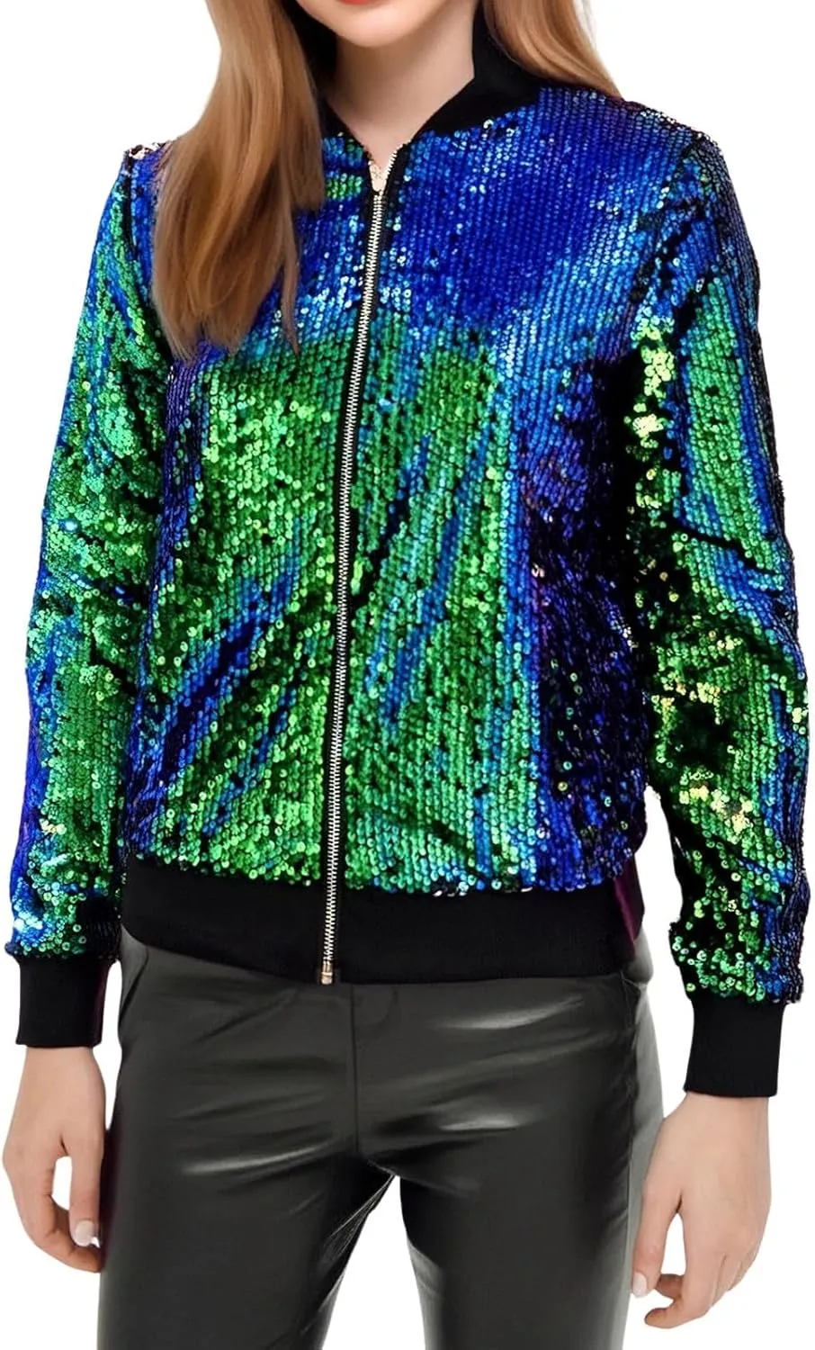 Women's Cropped Zip Up Bomber Jacket Sparkly Casual Crewneck Long Sleeve Coats Glitter Party Outwear Winter Clothes