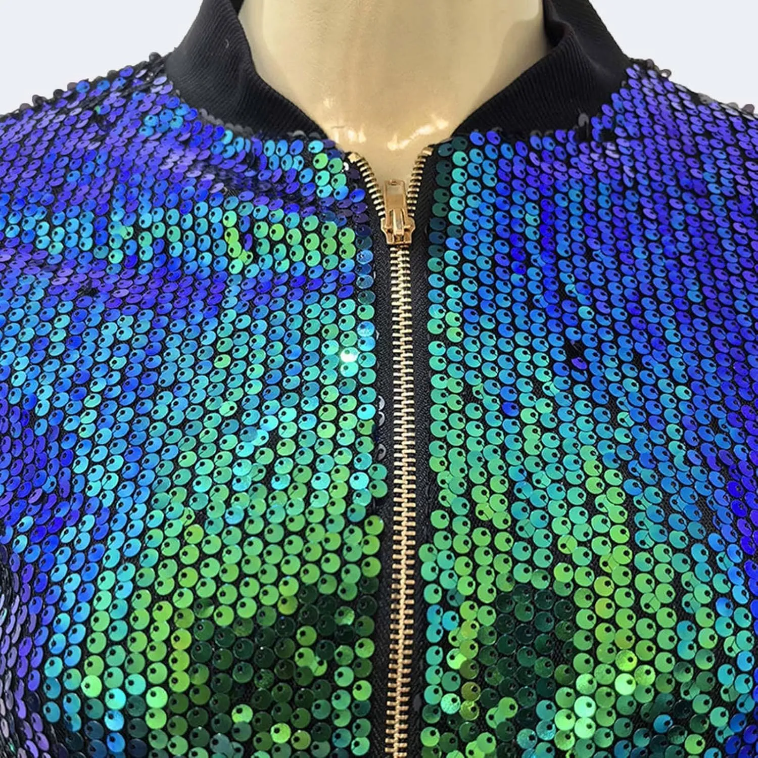 Women's Cropped Zip Up Bomber Jacket Sparkly Casual Crewneck Long Sleeve Coats Glitter Party Outwear Winter Clothes