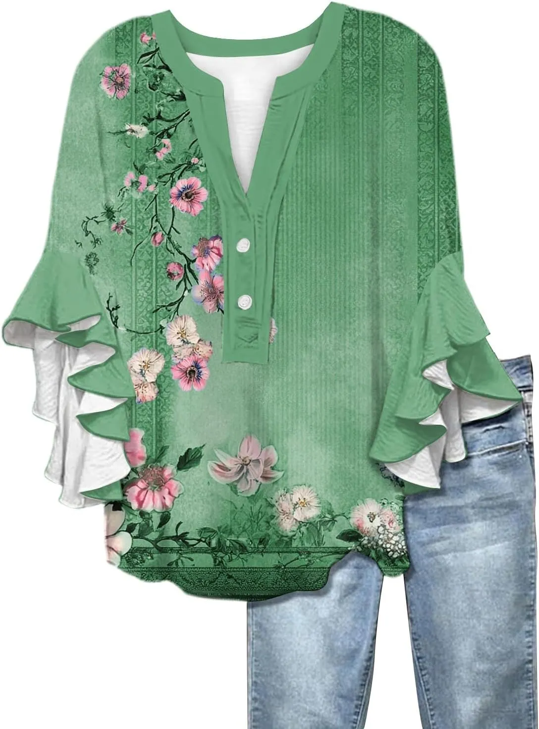 Womens Dress Shirts 3/4 Sleeve Loose Ruffle Summer Tshirt Button Down Henley Vneck Pleated 2025 Tops 1/2 Sleeve Blouse
