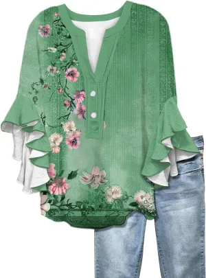 Womens Dress Shirts 3/4 Sleeve Loose Ruffle Summer Tshirt Button Down Henley Vneck Pleated 2025 Tops 1/2 Sleeve Blouse