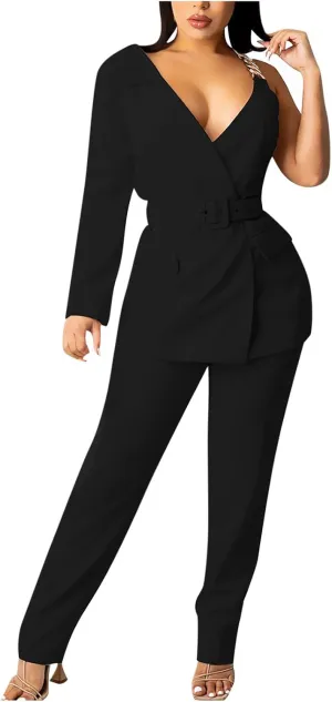 Women's Dressy Pant Suits Belted Asymmetrical Blazer Tops and Pencil Pants Wedding Outfits 2 Piece Formal Pantsuits