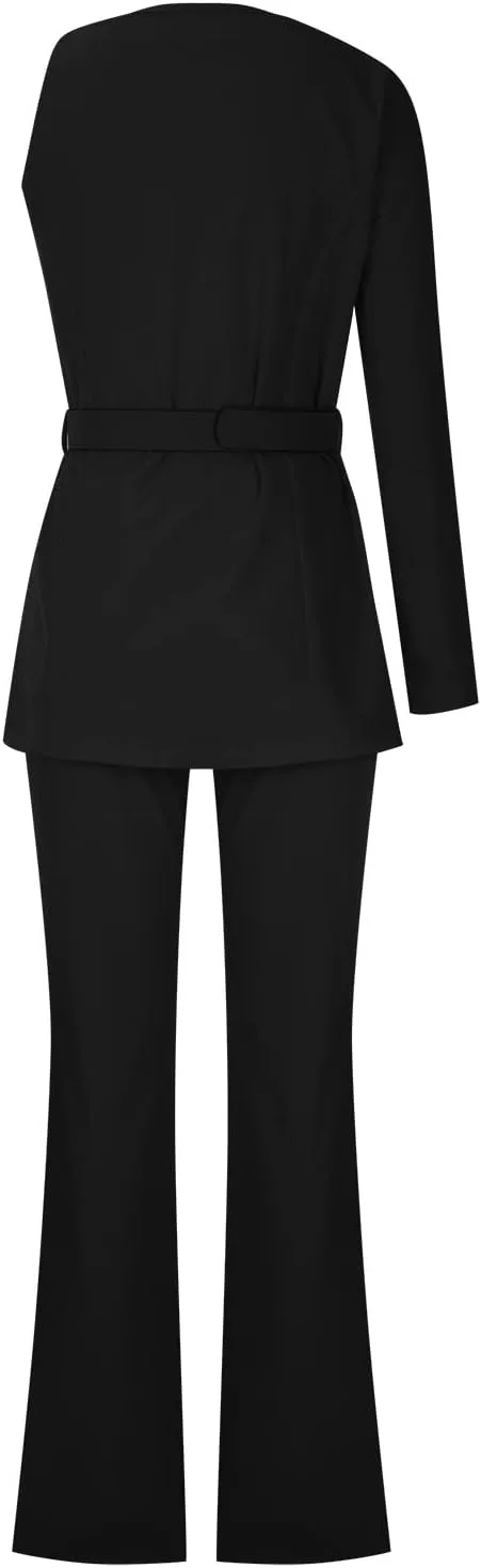 Women's Dressy Pant Suits Belted Asymmetrical Blazer Tops and Pencil Pants Wedding Outfits 2 Piece Formal Pantsuits