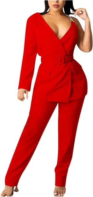 Women's Dressy Pant Suits Belted Asymmetrical Blazer Tops and Pencil Pants Wedding Outfits 2 Piece Formal Pantsuits