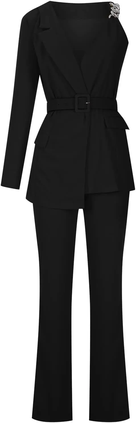 Women's Dressy Pant Suits Belted Asymmetrical Blazer Tops and Pencil Pants Wedding Outfits 2 Piece Formal Pantsuits