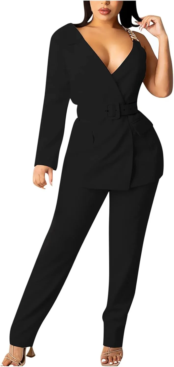 Women's Dressy Pant Suits Belted Asymmetrical Blazer Tops and Pencil Pants Wedding Outfits 2 Piece Formal Pantsuits