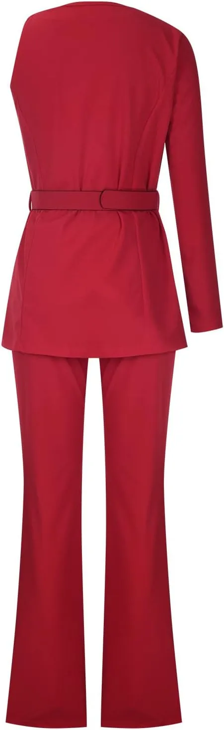 Women's Dressy Pant Suits Belted Asymmetrical Blazer Tops and Pencil Pants Wedding Outfits 2 Piece Formal Pantsuits