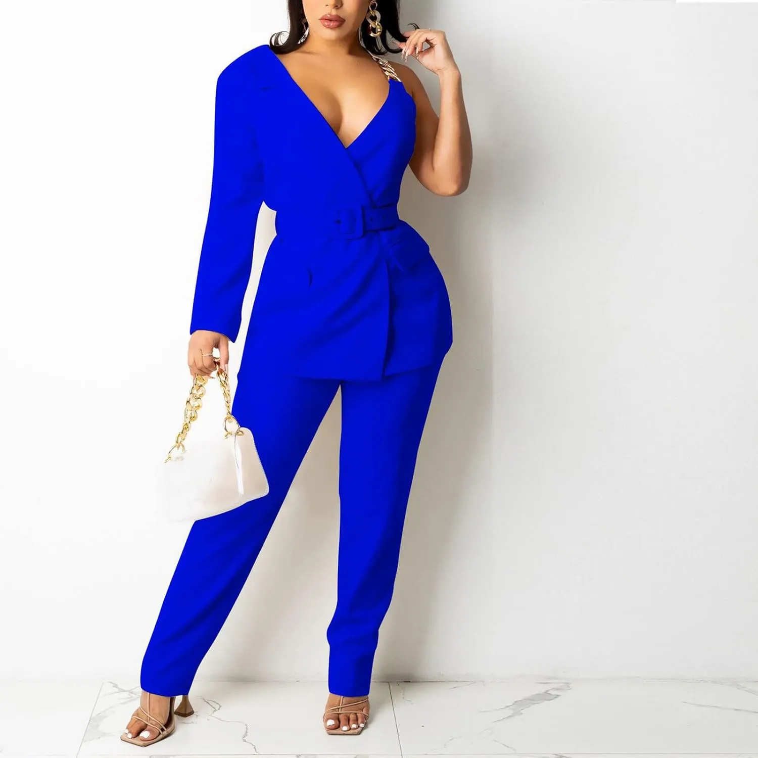 Women's Dressy Pant Suits Belted Asymmetrical Blazer Tops and Pencil Pants Wedding Outfits 2 Piece Formal Pantsuits