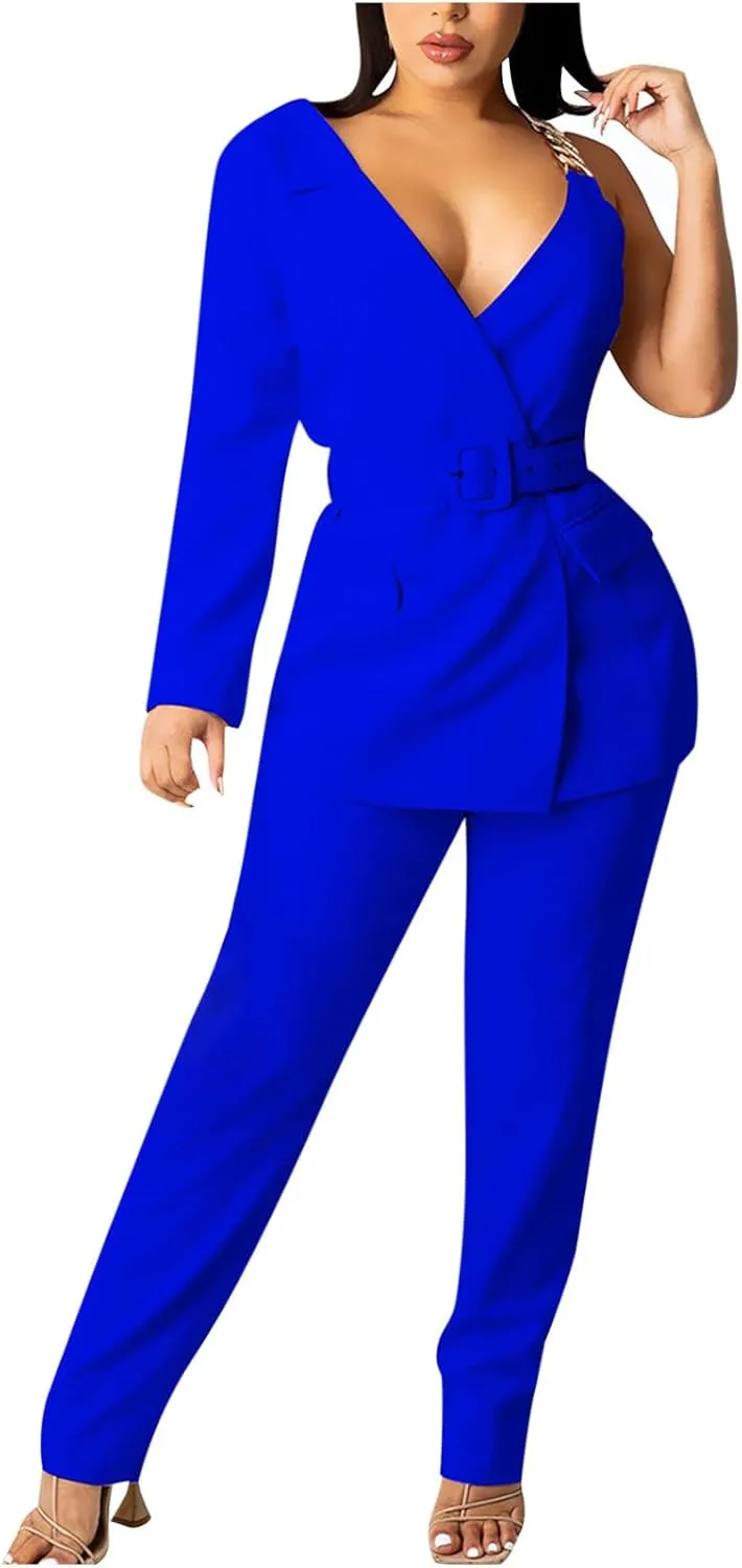 Women's Dressy Pant Suits Belted Asymmetrical Blazer Tops and Pencil Pants Wedding Outfits 2 Piece Formal Pantsuits
