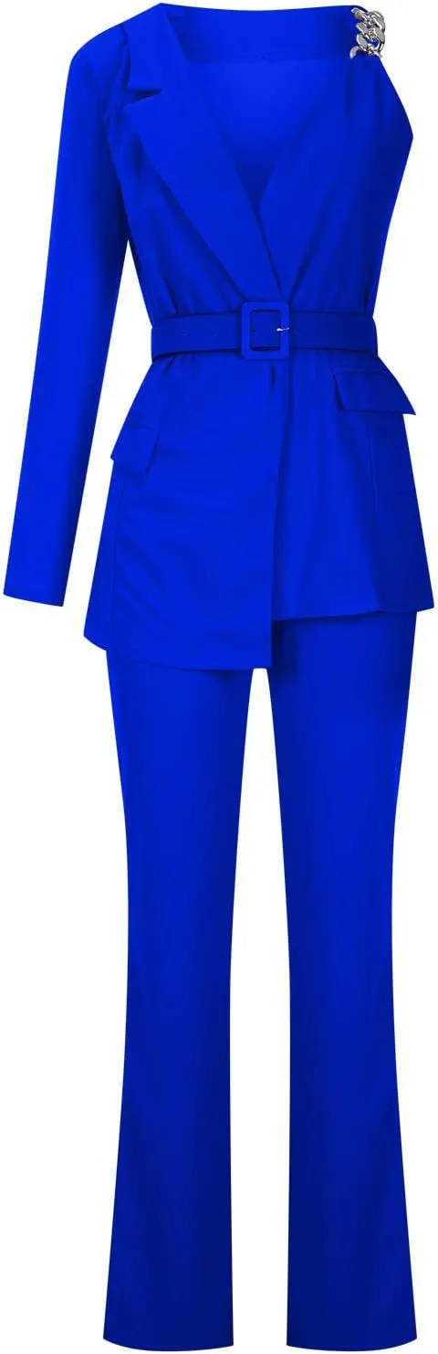 Women's Dressy Pant Suits Belted Asymmetrical Blazer Tops and Pencil Pants Wedding Outfits 2 Piece Formal Pantsuits