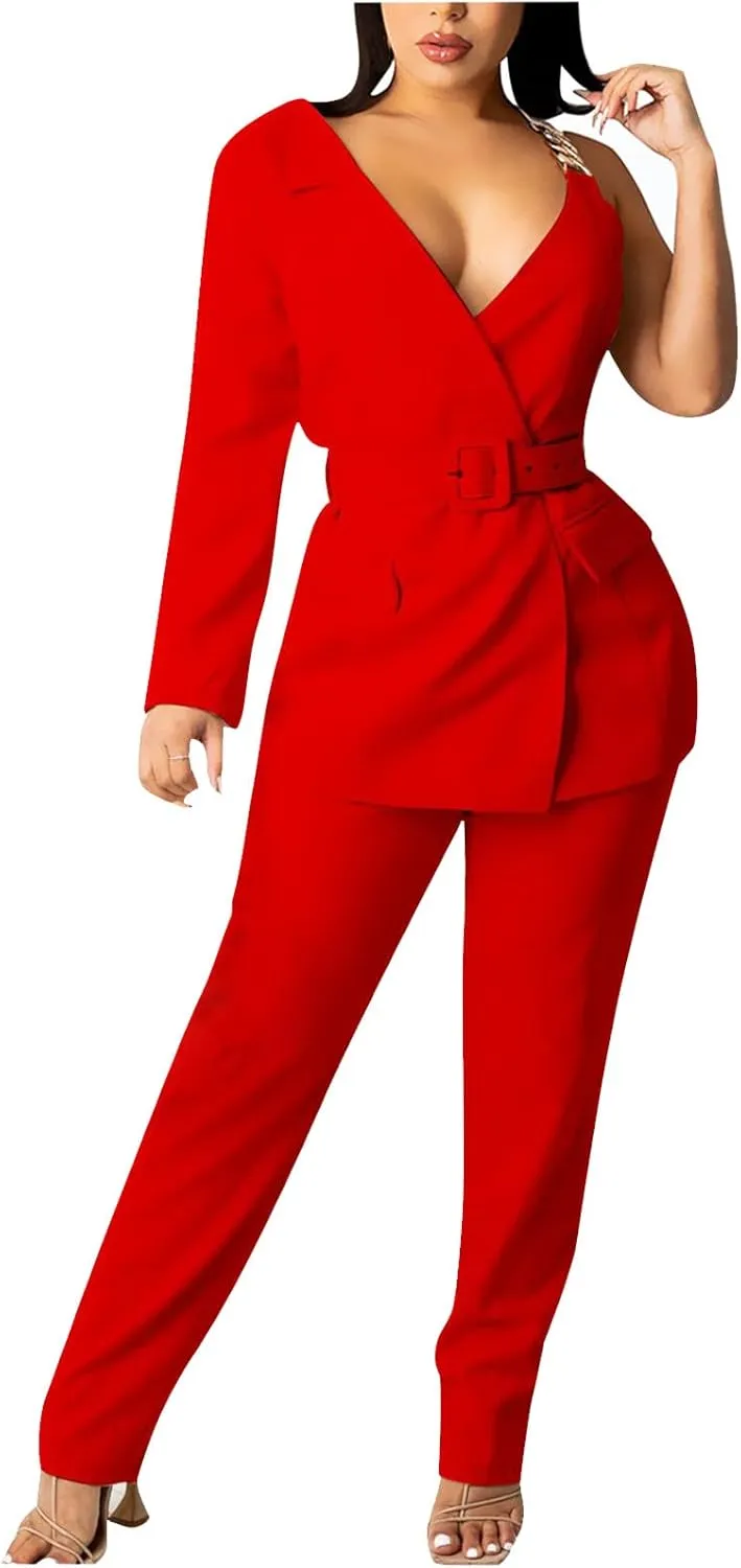 Women's Dressy Pant Suits Belted Asymmetrical Blazer Tops and Pencil Pants Wedding Outfits 2 Piece Formal Pantsuits