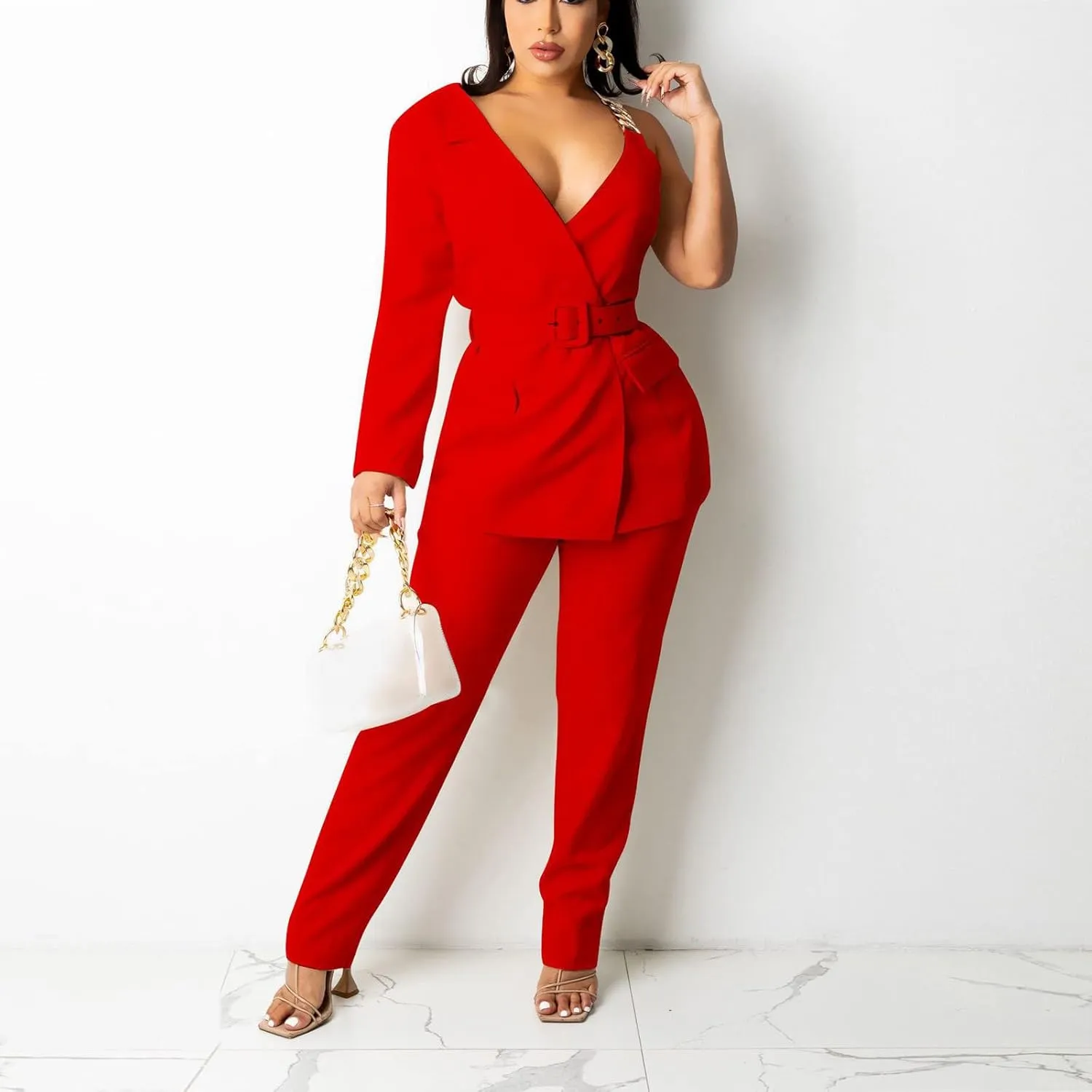 Women's Dressy Pant Suits Belted Asymmetrical Blazer Tops and Pencil Pants Wedding Outfits 2 Piece Formal Pantsuits
